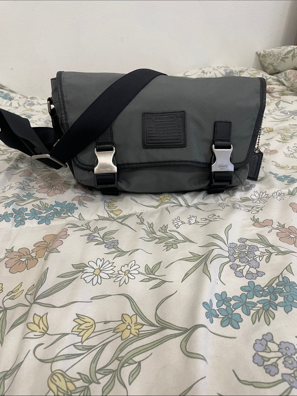 Coach Men's Gray Nylon Messenger Bag with Black Strap and Silver Buckles